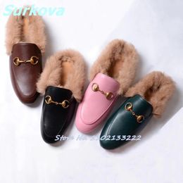 Casual Shoes Plush Flat Metal Decro Round Toe Slip On Slingbacks Women Winter Fashion Comfortable Soft Daily Leisure