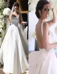 Modern White Ivory Satin Wedding Dresses Bridal Gowns Sexy 2023 Country Backless Square Neck Straps Sweep Train Custom Made Plus S2459872
