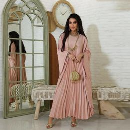 Ethnic Clothing Summer Satin Batwing Pleated Abaya Dubai Luxury Islam Muslim Maxi Kaftan Modest Dress For Women Kebaya Robe Femme Musulmane