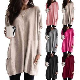 Women's Knits Tees Plus size womens solid color sweater O-neck long sleeved T-shirt Tunic top new pocket sweater 2019L2405