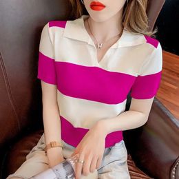 Summer Pullovers Striped POLO Collar Casual Versatile Fashion Loose Knitted Womens Short Sleeved Tshirt Tops 240429