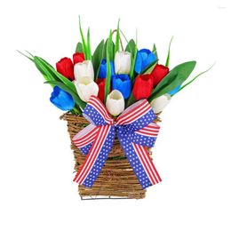 Decorative Flowers Seasonal Front Door Wreath Tulip Patriotic With White Blue Bowknot For Independence July