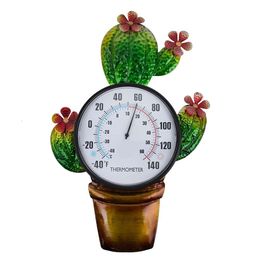 Vewogigt 14.6-inch Cactus Potted Metal Outdoor Wall Mounted Thermometer, No Need Battery Decoration for Courtyards, Gardens, and Living Rooms