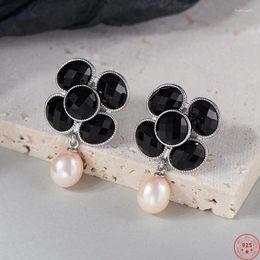 Stud Earrings S925 Sterling Silver Studs For Women Fashion Camellia Flowers Tangent Plane Agate Pearl Ear