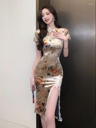 Party Dresses Chinese Style Fashion Lady Velvet Floral Print Pencil Dress Women Clothing Elegant Sexy Sleeveless Slim Slit Prom Vestidos