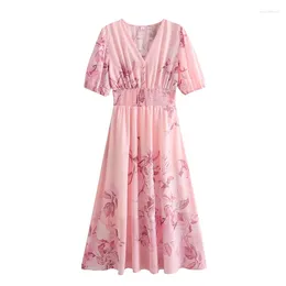 Party Dresses 2024 Women French Pink Floral Print Summer Dress Short Sleeve Elastic Waist Ladies A-line Midi Holiday Vestidos