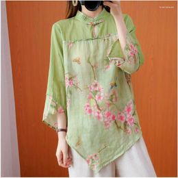 Women's Blouses Retro Versatile Summer Stand Up Neck Printed Chinese Style Pan Button Irregular 3/4 Sleeve Loose Chiffon Shirt Tops