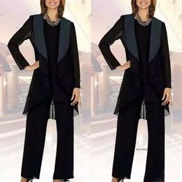 Dark Navy Blue Mom's Party mit langer Jacke Dame Abendkleider Chiffon Mutter der Braut Pant Anzüge 0510