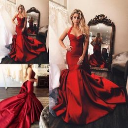 Fabulous Red Mermaid Prom Dresses Halter V Neck Ruffled Evening Gowns Sweep Train Vestidos De Fiesta Satin Formal Dress5835685
