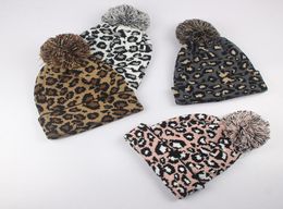 Baby Leopard Knitted Cap Fashion Girl Winter Warm Large Pompon Hat Kids Solid Color Beanie Ski Cap TTA131268206612