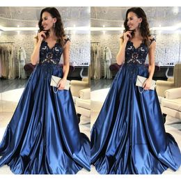 Navy Blue Prom Capped Sleeves Satin Skirt Long Evening Dresses Party Gowns Appliques Beaded Button Back Vestidos De Festa Q48 0510