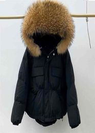 Riesige natürliche Waschbärfell -Kapuze -Winter -Down -Mantel Frauen wasserdichte weiße Entenjacke Pufferin Feather Parkas 2109184093192