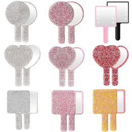 Compact Mirrors Led Intelligent Pearl Diamond Handle Makeup Mirror Beauty Tool Pink Silver Black Heart Sparkling Q240509