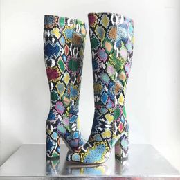 Boots Fashion Colorful Python Leather Chunky Heel Knee Pointed Toe Zipper Side Block High Heels Multicolors For Woman