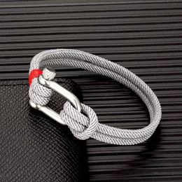 Charm Bracelets MKENDN Men Minimalist Double Strand Nautical Grey Rope Bracelet Nylon Buckle Shackle Bracelet Navy Anchor Jewellery For Women Y240510