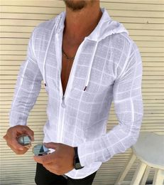 Fashionable mens zippered hooded white plaid Tshirt hiphop long sleeved cardigan top S3XXL 240429