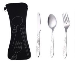 Knife Fork Spoon Set Cutlery Set Tableware Dinner Lunch Set Bags Print Carving Stainless Steel Cutlery School Picnic Camping Eatin7858369