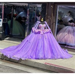 Новый дизайн фиолетовый Quinceanera платье для шарикового платья ремни цветы аппликации бисеро -корсет.