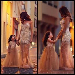 Mother Daughter Matching Dresses Mermaid Tulle Pearls Prom Party Dress Elegant Long Formal Dresses Evening Dresses 3013