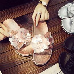 Slippers Women's Summer Fashion Craft Sequins Large Size Korean Version Flower Flip-flops Solid Color Flat Sandal