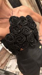 Women's Tanks Rose Bloom Flower Applique With Satin Halter Neck Back Lace-up Gorgeous Top In Black