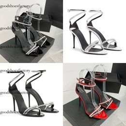 Stiletto crystal-encrusted Sandals patent leather Pointed Toes Ankle strap Heels sky-high heel Original edition