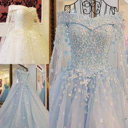 2022 Blue Off The Shoulder Wedding Dresses with Detachable Cape Beaded Pearls Applique Elegant Lace-up Back Bridal Wedding Gowns Real P 196C