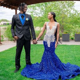 Sparkly Royal Blue Diamonds Long Prom Dress for Black Girls Rhinestones Sequined Special Dresses Beaded Birthday Party Gowns