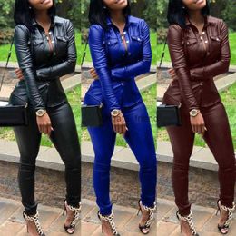 Two Piece Dress 5 Color S-XXXL Winter Overalls PU Leather Shirt+Pencil Pant Tracksuit Fashion Sexy Women Set Pieces Jumpsuit Casual Outfits