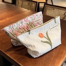 Cosmetic Bags Travel Portable Storage Large Capacity Makeup Small Square Bag Polyester Material Fresh Cute Style Flower Tulip