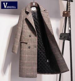 Vangull Chic Thicken Plaid Women Wool Coat Winter Slim Double Breasted Long Women Outerwear Office Lady Pocket Plus Size Coat LJ202936467