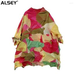 Women's T Shirts ALSEY Miyake Pleated T-shirt For Women 2024 Spring Korean Style Turtleneck Long Sleeves Stitching Colour Loose Casual Top