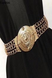 Fashion Gold Carved Flower Hollow Metal Chain Waist Belt for Women Dress Elastic Belts Wide Girdle High Quality Female S181018078107829