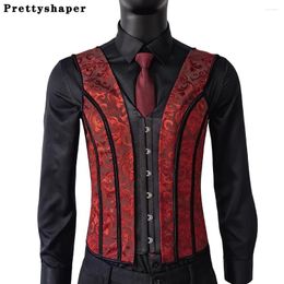 Men's Tank Tops Tight Fitting Corset Shaping Vest Vintage Waistcoat Slimming Lace Up Boned Red Floral Print Costume XS TO 6XL