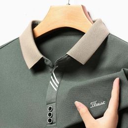 Mens long sleeved golf Tshirt spring and autumn clothing casual wear monochromatic minimalist Polo shirt 240510