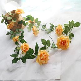 Decorative Flowers Silk Simulation Fake Roses Vine Wedding Arch Decor Artificial Flower Rattan Yellow Pink Rose Vines Balcony Decoration