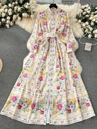 Casual Dresses Spring Autumn Elegant Floral Print Boho Robe Women's Linen Stand Long Lantern Sleeve Holiday Belt Party Maxi Vestidos