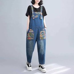Women's Jumpsuits Rompers Denim Jumpsuits for Women Korean Style Loose Vintage Printing Straight Pants One Piece Outfit Women Overalls for Women Playsuits Y240510