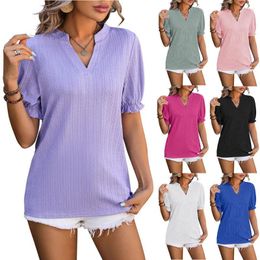 Women's T Shirts 2024 Summer Europe And The United States Pure Colour Wheat Ears T-shirt V-neck Short-sleeved Tops Women