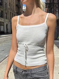 Women's Tanks Drawstring White Knitted Tank Top For Woman Sleeveless Elastic Cotton Thin Vest Fashion Cute Simple Lace-up Y2k Crop Tops