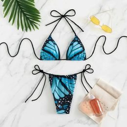 Women's Swimwear Sexy womens butterfly printed suspender mini bikini set with two swimsuits beach suits bikini swimsuits J240510