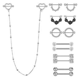 Nipple Rings 14G Heart Round Chain Nipple Piercing Barbell for Women Surgical Steel Breast Sexy Piercings Nipple Ring Body Jewelry Wholesale Y240510