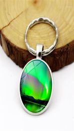 Keychains WG 1pc Northern Lights Aurora Time Gemstone Keychain Keyrings Pendant Metal Cabochon Keyring Creative Accessories Gift14182151