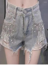 Women's Shorts Vefadisa Est 2024 Summer Women Blue Denim Holes Rhinestone Diamonds Tassels Short Pants VFDS102