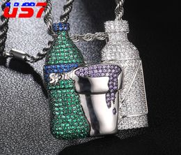 US7 Iced Out Sprite Bottle Cup Pendants Necklaces Crystal Zircon Shiny Wine Bottle Necklace Hip Hop Bling Rapper Jewelry9269697