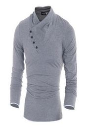 Autumn Mens 100 Cotton Oblique Button Collar T Shirt Fashion Men Long Sleeve T Shirts Slim fit TShirt Solid Tee8331682
