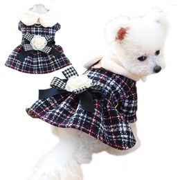 Dog Apparel Luxury Design Plaid Dress For Small Medium Dogs Yorkie Pearl Flower Puppy With Faux Fur Collar Winter Clothes