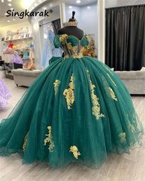 New Green Princess Quinceanera Dresses With Bow Golden Lace Applique Beaded Ball Gown Off Shoulder 16th Birthday Prom Vestido