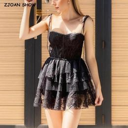 Casual Dresses 2024 Sexy Black Flower Print Spliced Mesh Lace Bra Corset Style Mini Cake Dress Slim Waist Party Skater Bow Lacing Up Sling