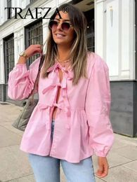 Women's Blouses TRAFZA Shirts For Women Elegant Front Bow Tie Pink Blouse Top Puff Sleeve Shirt Spring Summer Casual Streetwear